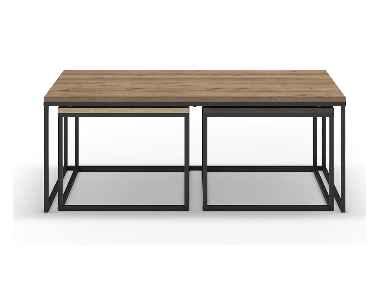 Set de 3 tables basses, tables de salon aspect bois coloris chêne, noyer et métal coloris noir