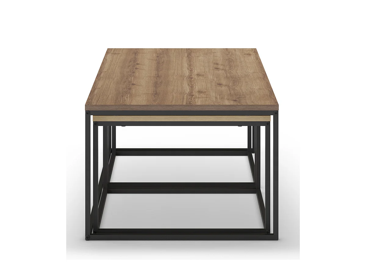 Set de 3 tables basses, tables de salon aspect bois coloris chêne, noyer et métal coloris noir