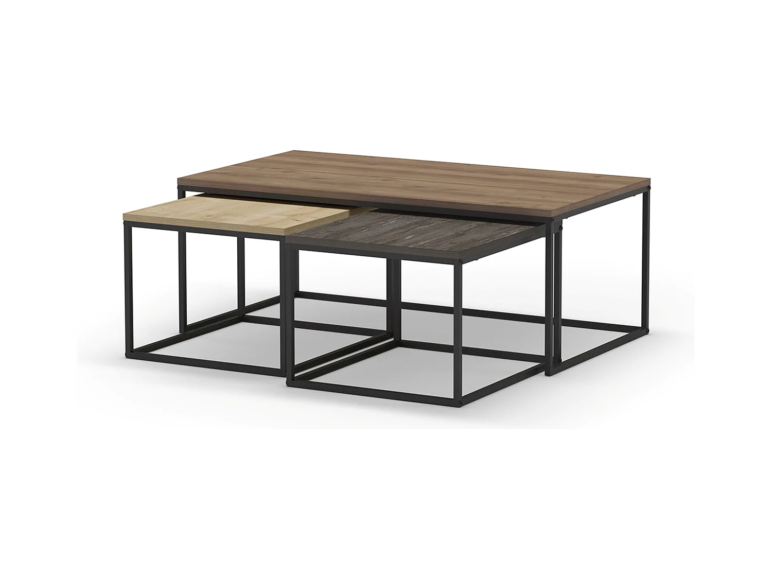 Set de 3 tables basses, tables de salon aspect bois coloris chêne, noyer et métal coloris noir