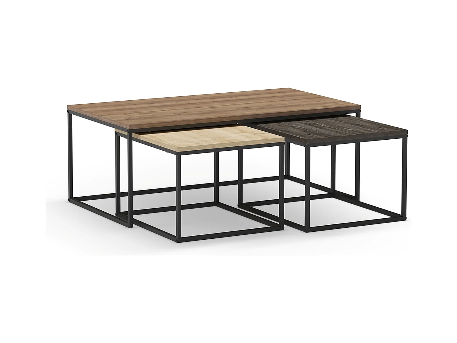 Set de 3 tables basses, tables de salon aspect bois coloris chêne, noyer et métal coloris noir