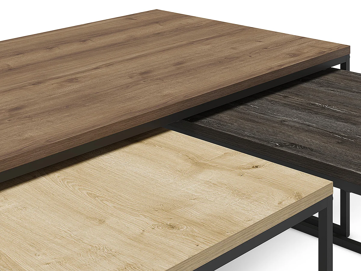 Set de 3 tables basses, tables de salon aspect bois coloris chêne, noyer et métal coloris noir