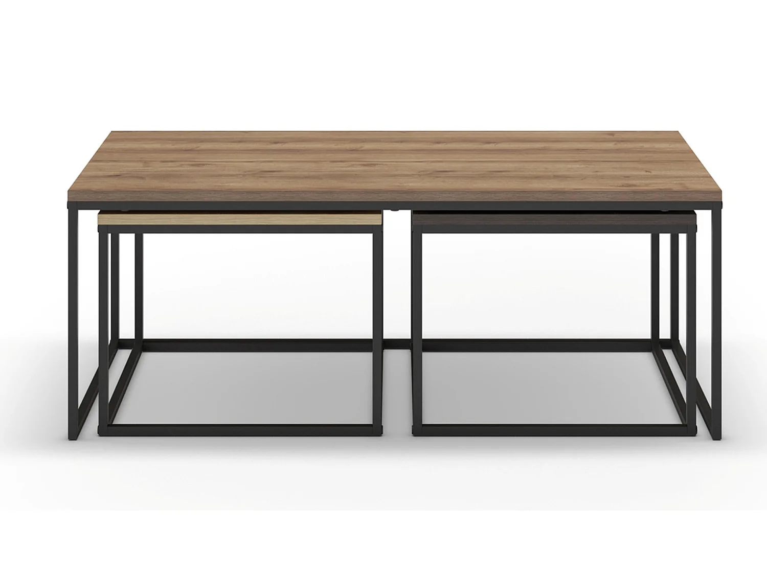 Set de 3 tables basses, tables de salon aspect bois coloris chêne, noyer et métal coloris noir