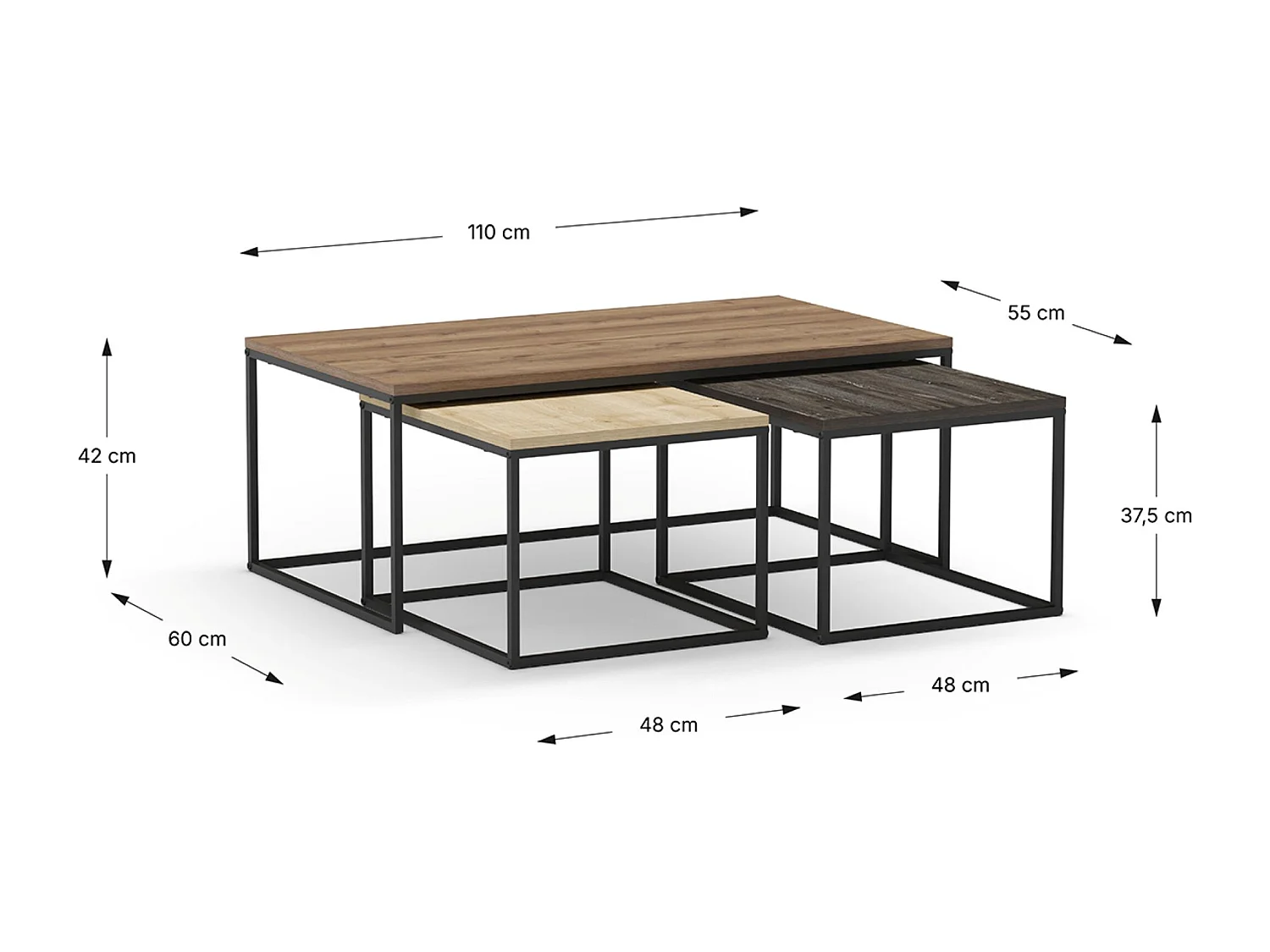 Set de 3 tables basses, tables de salon aspect bois coloris chêne, noyer et métal coloris noir