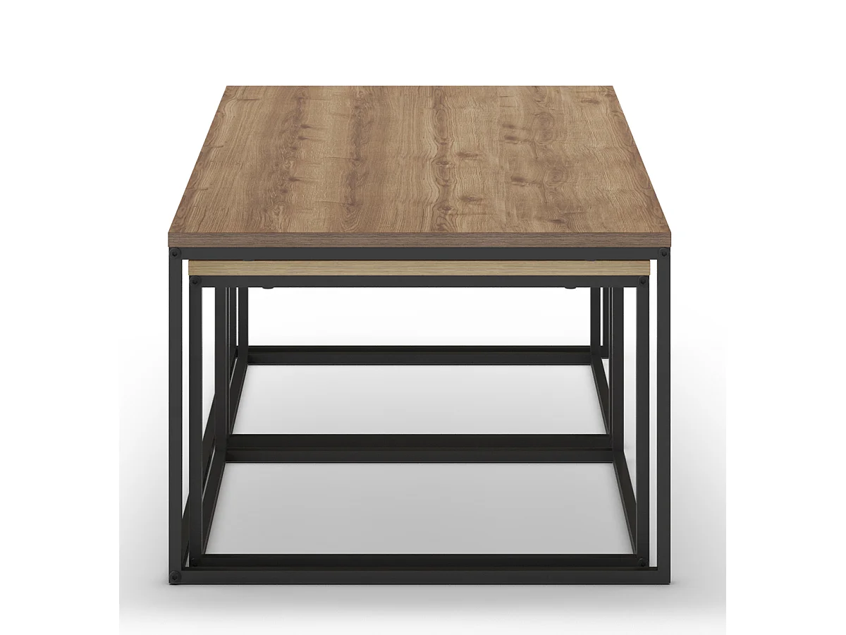 Set de 3 tables basses, tables de salon aspect bois coloris chêne, noyer et métal coloris noir