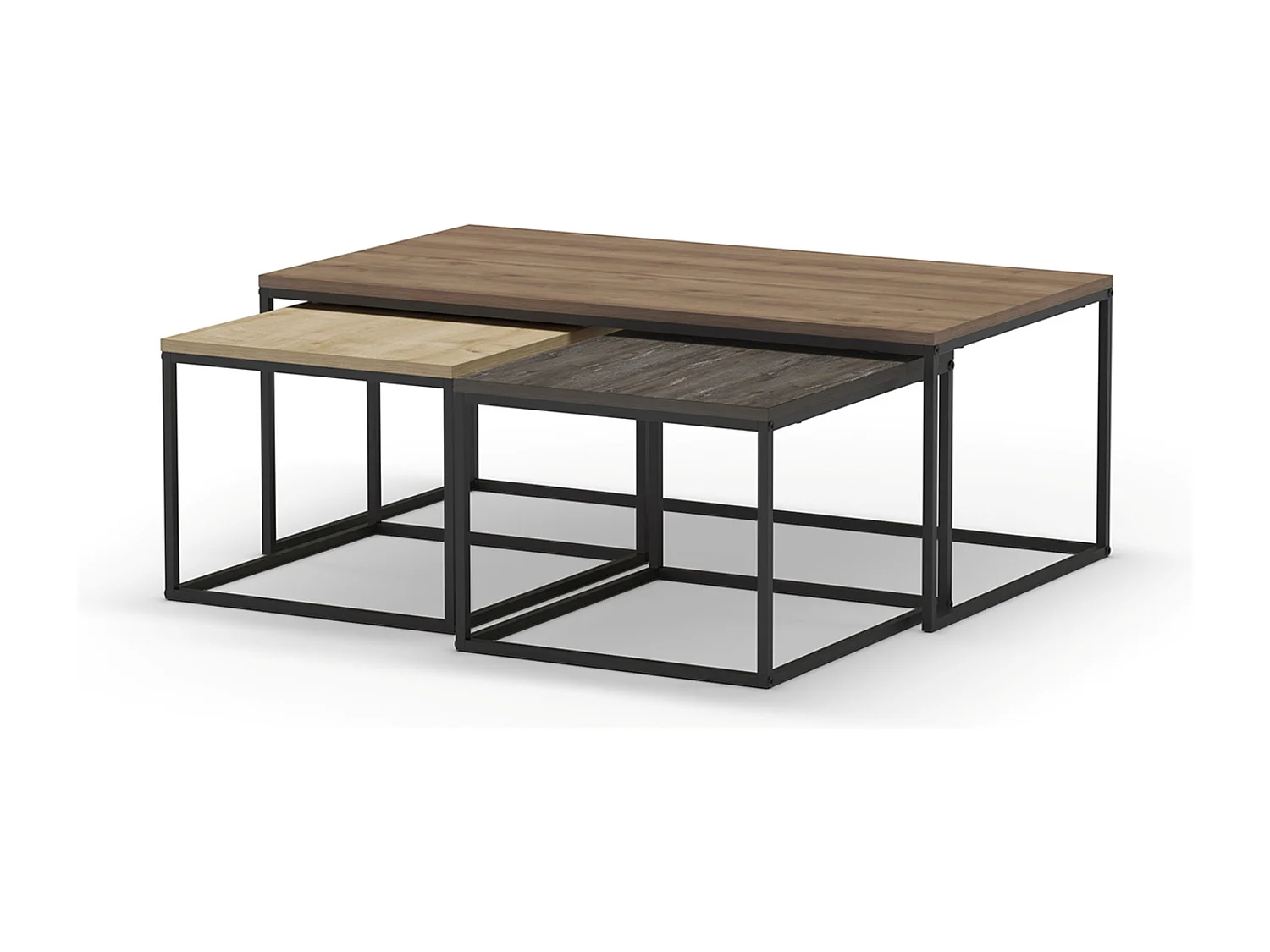 Set de 3 tables basses, tables de salon aspect bois coloris chêne, noyer et métal coloris noir