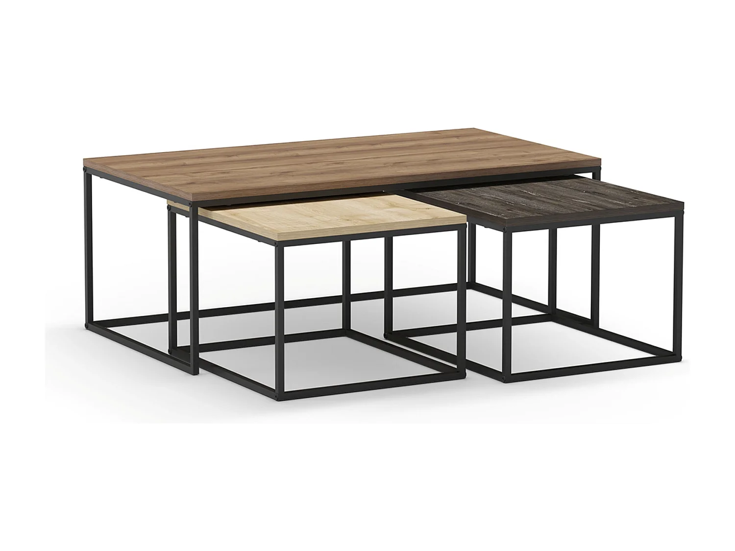 Set de 3 tables basses, tables de salon aspect bois coloris chêne, noyer et métal coloris noir