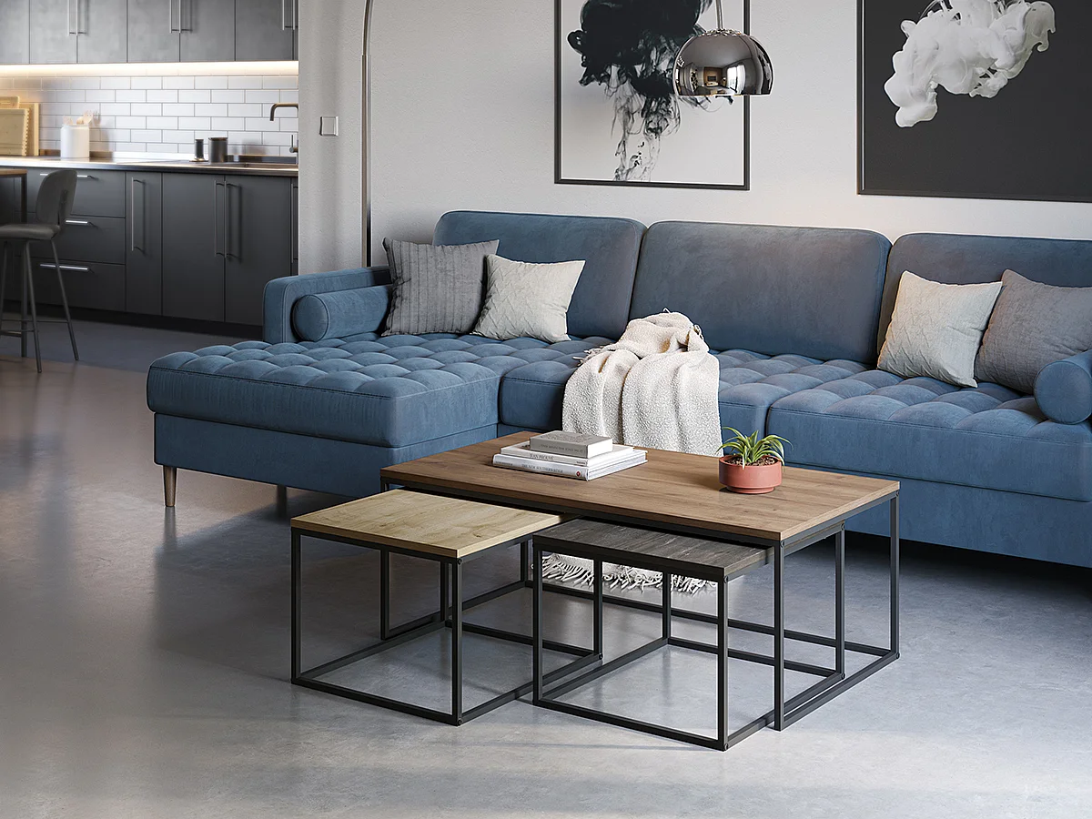 Set de 3 tables basses, tables de salon aspect bois coloris chêne, noyer et métal coloris noir