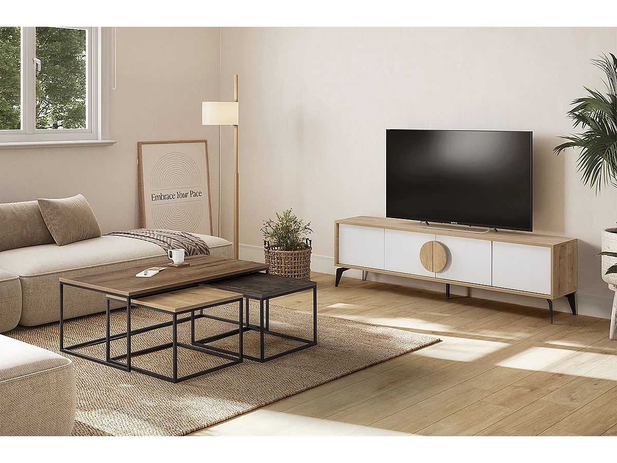 Set de 3 tables basses, tables de salon aspect bois coloris chêne, noyer et métal coloris noir