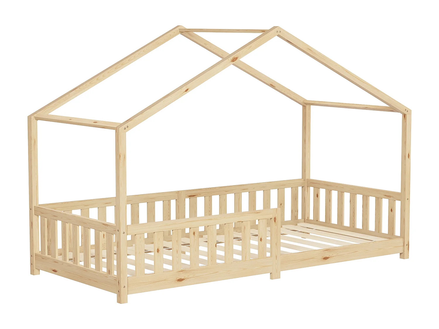 Lit cabane enfant 90x200 cm naturel pin massif avec protection antichute, toit et sommier à lattes, couchage au sol Montessori pour fille garçon