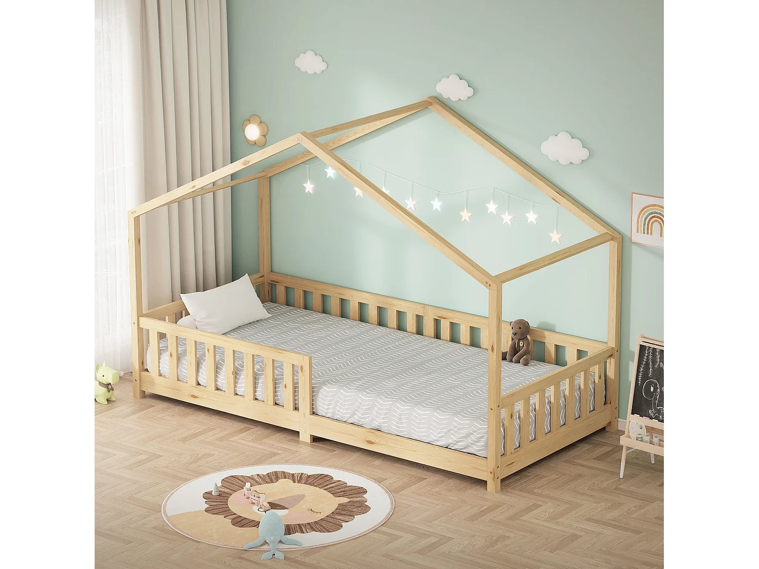 Lit cabane enfant 90x200 cm naturel pin massif avec protection antichute, toit et sommier à lattes, couchage au sol Montessori pour fille garçon