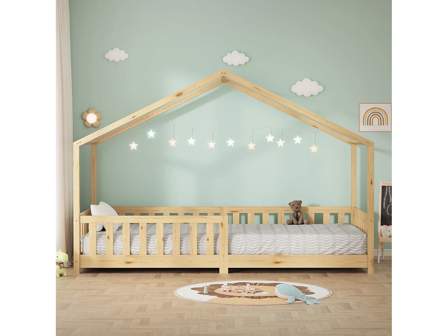 Lit cabane enfant 90x200 cm naturel pin massif avec protection antichute, toit et sommier à lattes, couchage au sol Montessori pour fille garçon