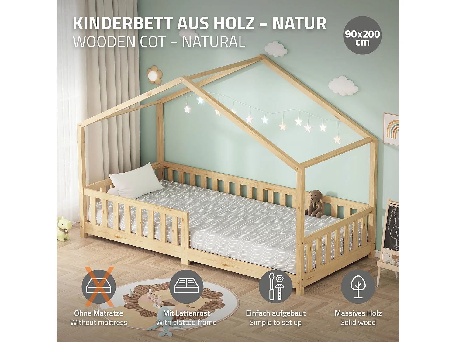 Lit cabane enfant 90x200 cm naturel pin massif avec protection antichute, toit et sommier à lattes, couchage au sol Montessori pour fille garçon