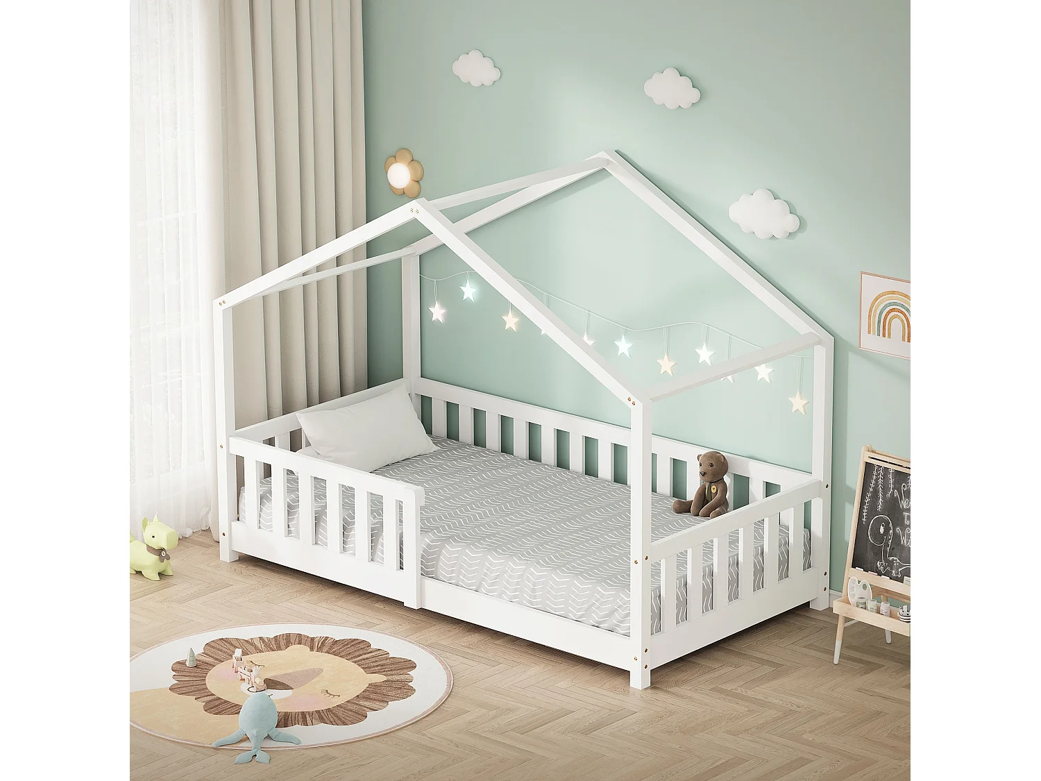 Lit cabane enfant 80x160 cm blanc pin massif avec protection antichute, toit et sommier à lattes, couchage au sol Montessori pour fille garçon
