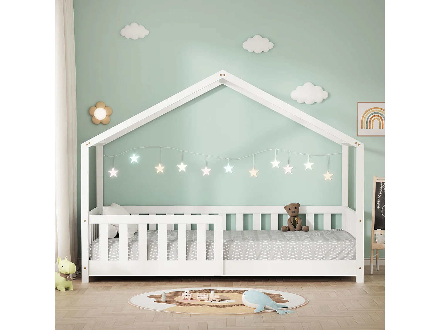 Lit cabane enfant 80x160 cm blanc pin massif avec protection antichute, toit et sommier à lattes, couchage au sol Montessori pour fille garçon