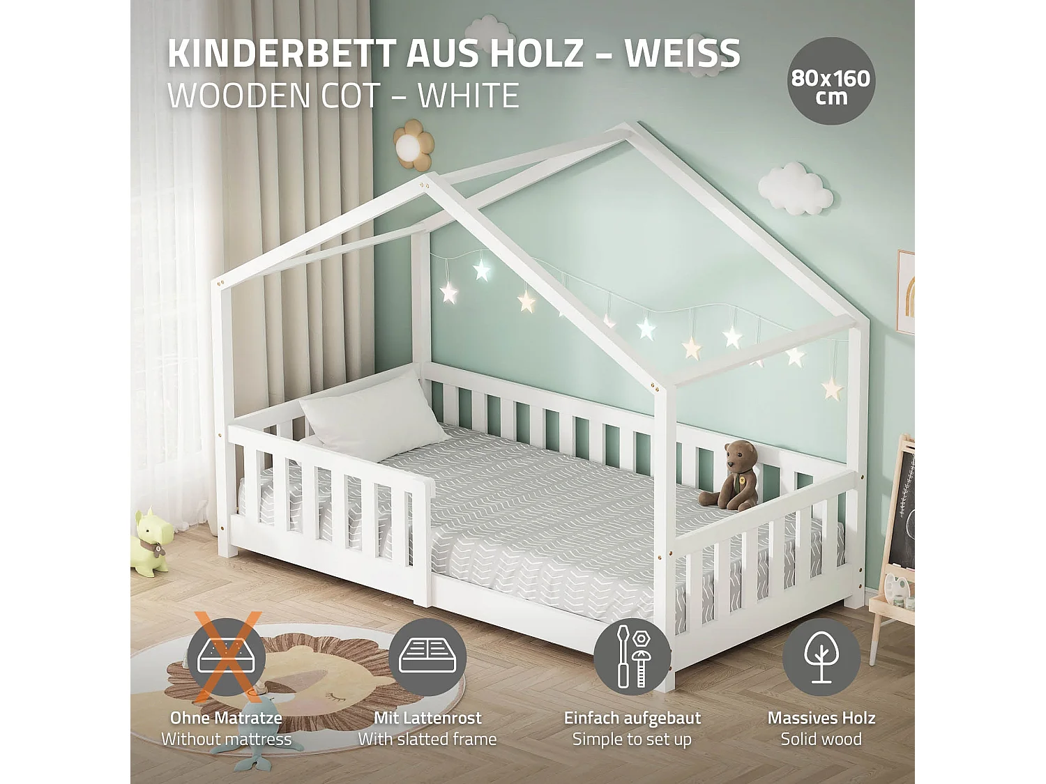 Lit cabane enfant 80x160 cm blanc pin massif avec protection antichute, toit et sommier à lattes, couchage au sol Montessori pour fille garçon