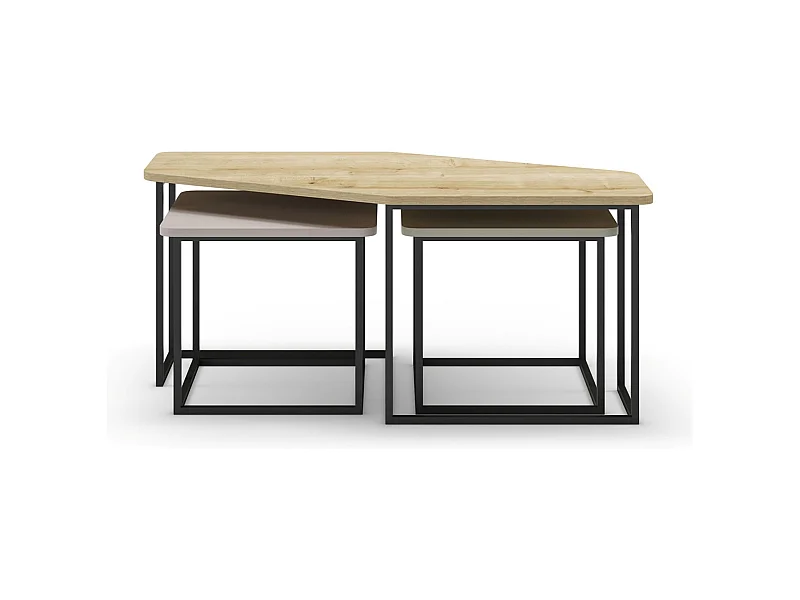 Set de 3 tables basses, tables de salon aspect bois coloris chêne, crème, vert et pieds en métal noir