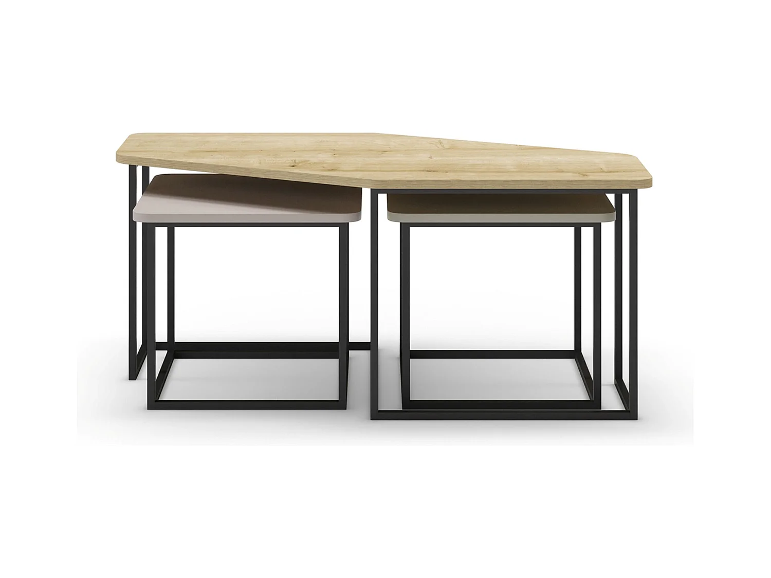 Set de 3 tables basses, tables de salon aspect bois coloris chêne, crème, vert et pieds en métal noir