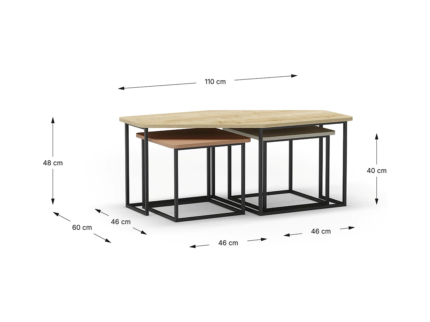 Set de 3 tables basses, tables de salon aspect bois coloris chêne, crème, vert et pieds en métal noir