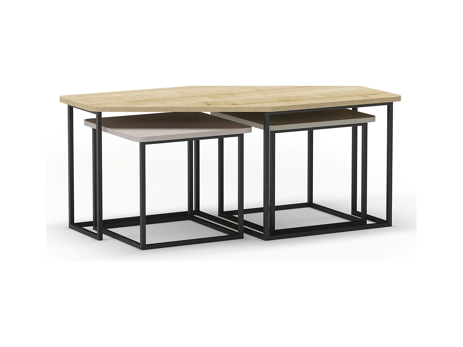 Set de 3 tables basses, tables de salon aspect bois coloris chêne, crème, vert et pieds en métal noir