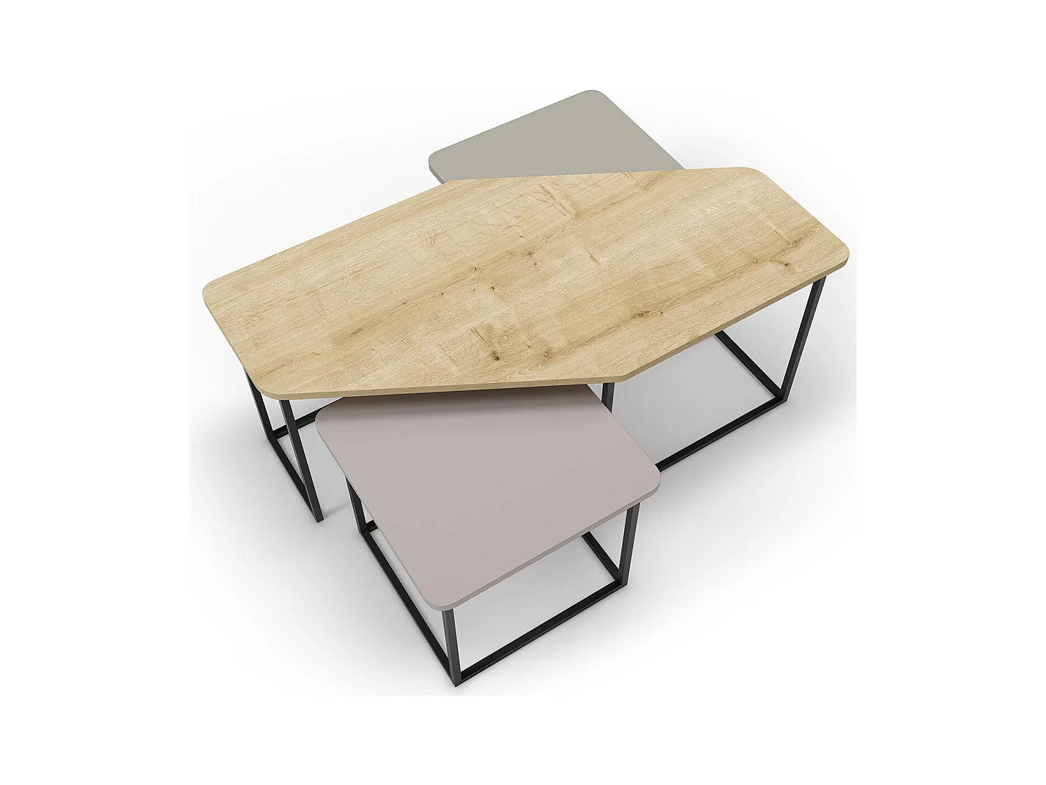 Set de 3 tables basses, tables de salon aspect bois coloris chêne, crème, vert et pieds en métal noir