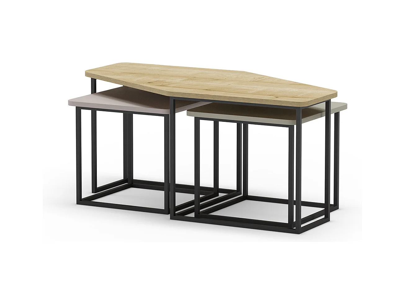 Set de 3 tables basses, tables de salon aspect bois coloris chêne, crème, vert et pieds en métal noir