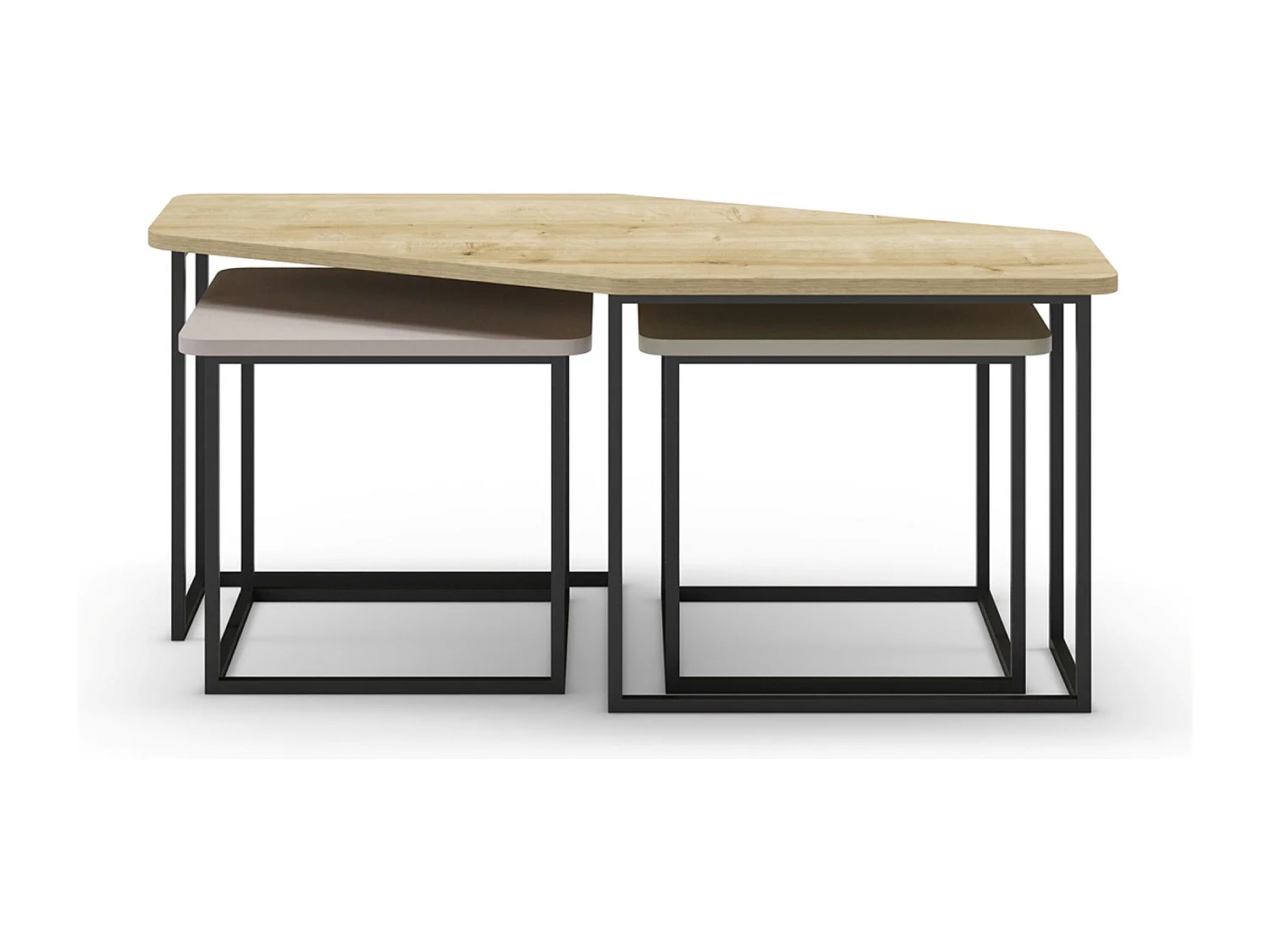 Set de 3 tables basses, tables de salon aspect bois coloris chêne, crème, vert et pieds en métal noir