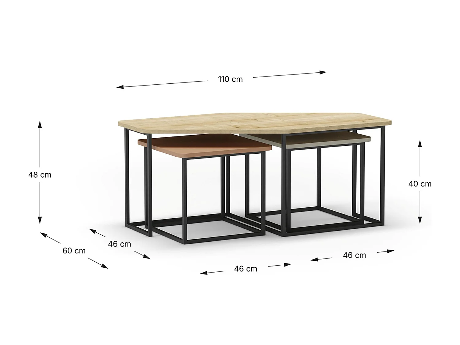Set de 3 tables basses, tables de salon aspect bois coloris chêne, crème, vert et pieds en métal noir