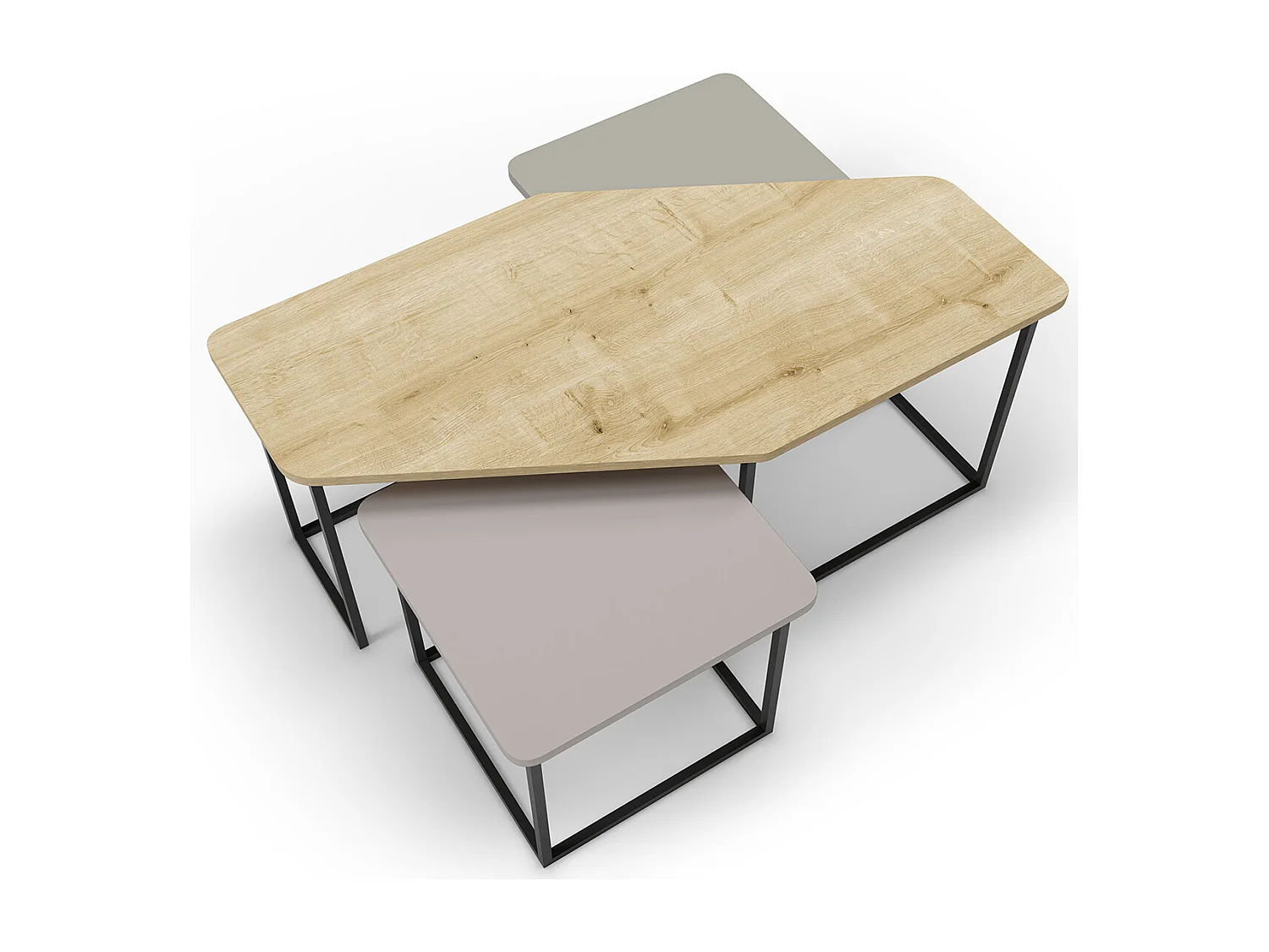 Set de 3 tables basses, tables de salon aspect bois coloris chêne, crème, vert et pieds en métal noir