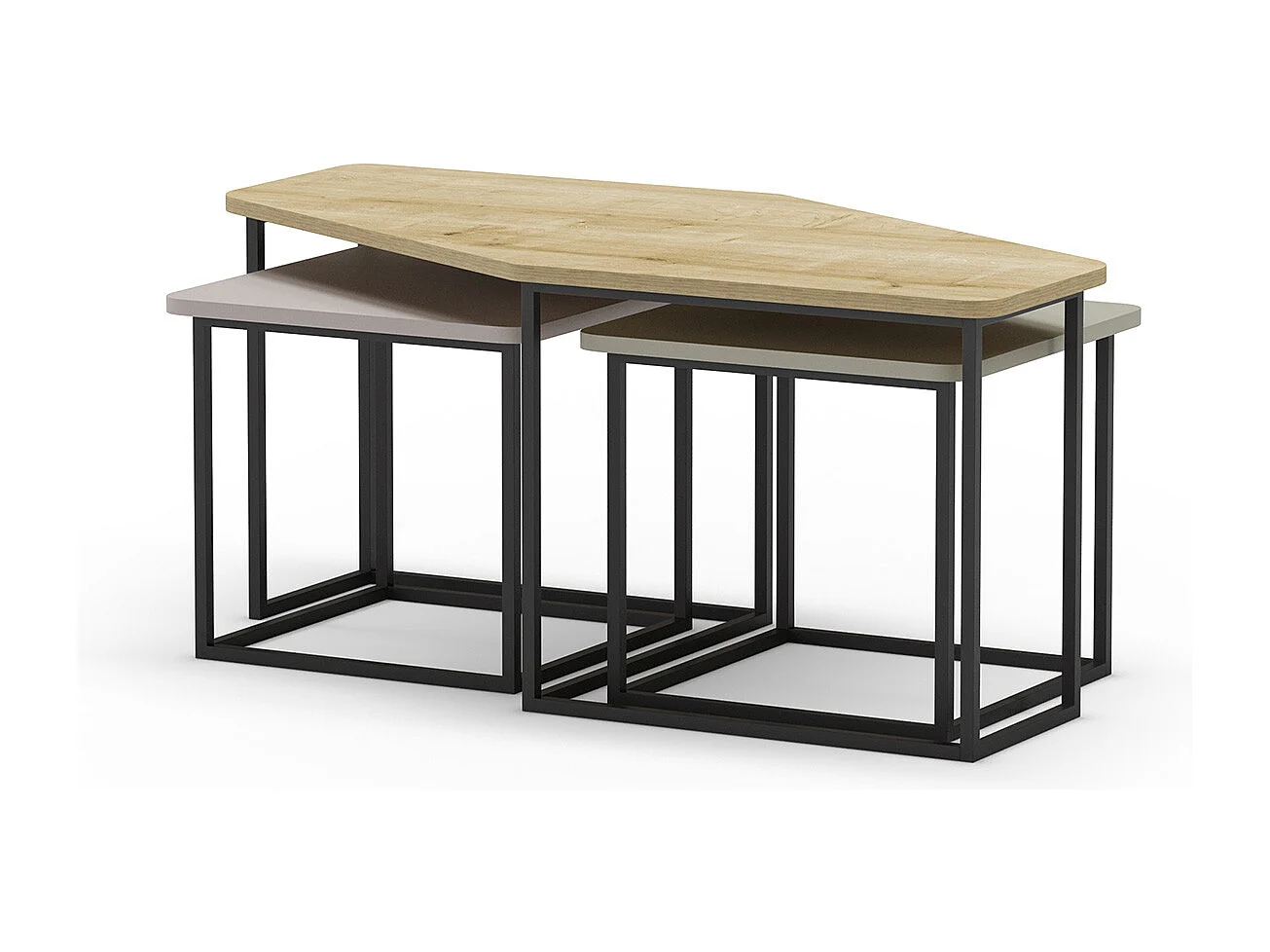 Set de 3 tables basses, tables de salon aspect bois coloris chêne, crème, vert et pieds en métal noir