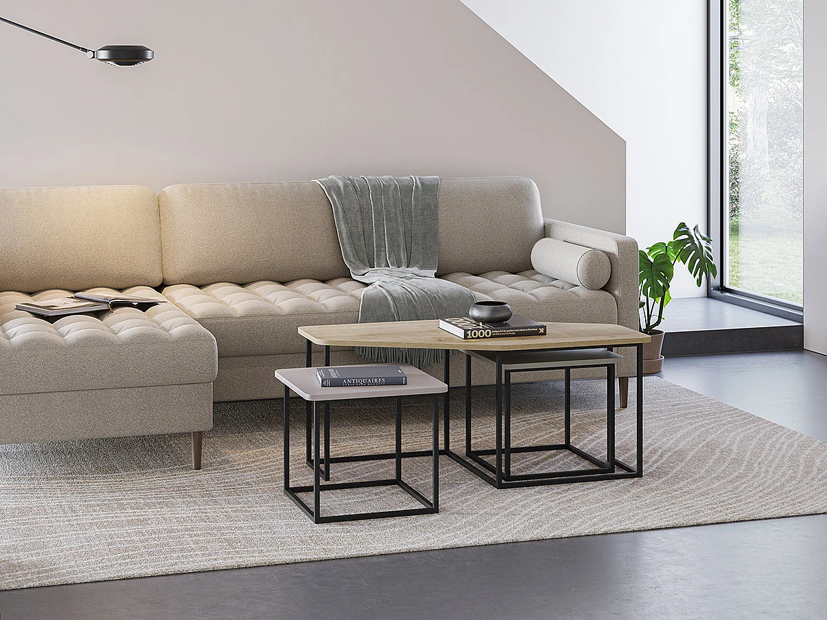 Set de 3 tables basses, tables de salon aspect bois coloris chêne, crème, vert et pieds en métal noir