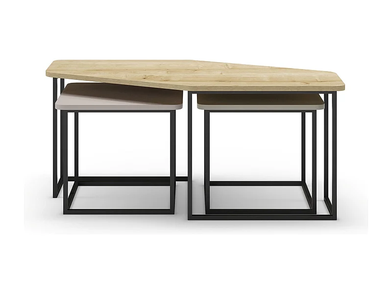 Set de 3 tables basses, tables de salon aspect bois coloris chêne, crème, vert et pieds en métal noir