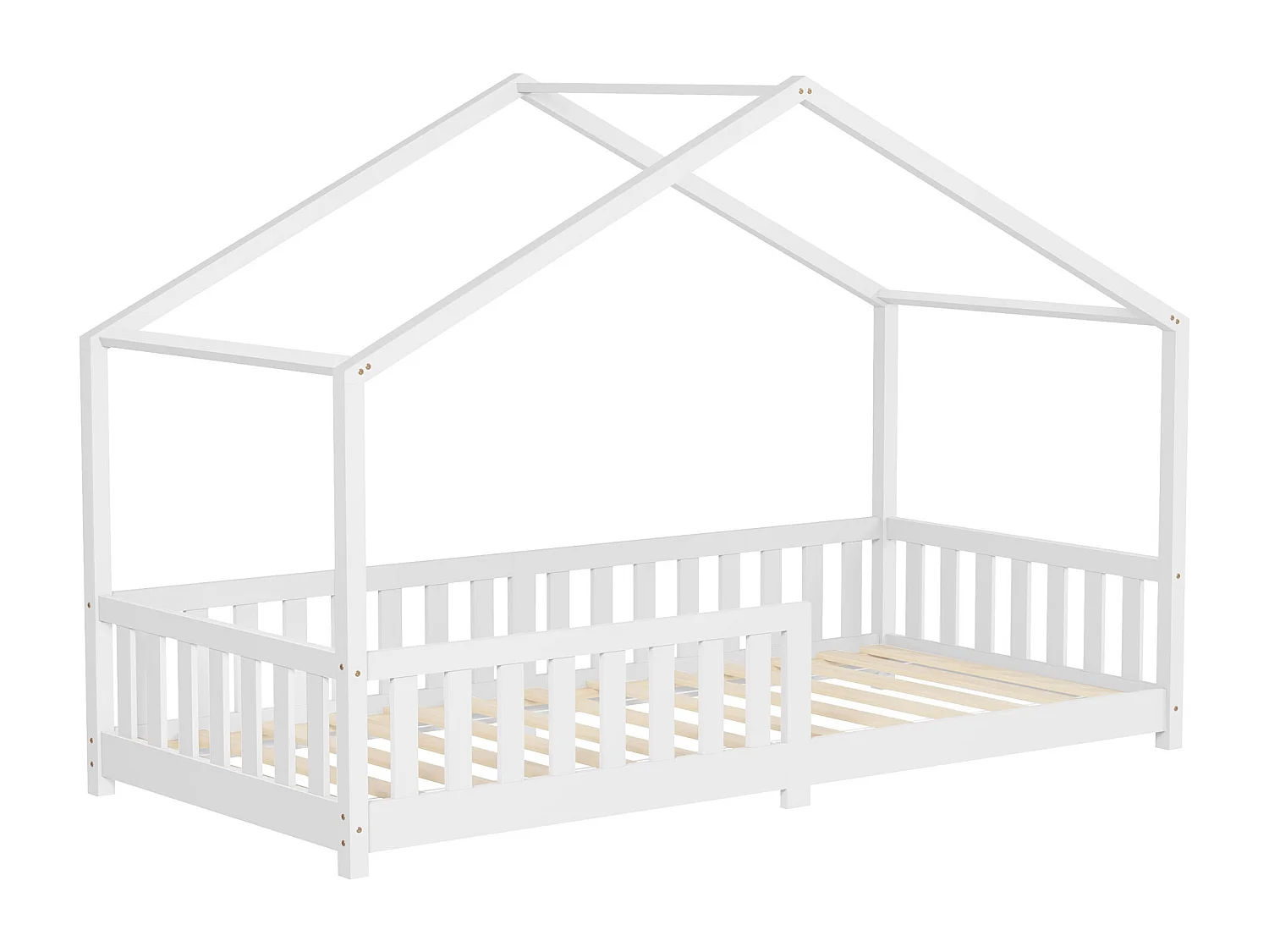 Lit cabane enfant 90x200 cm blanc pin massif avec protection antichute, toit et sommier à lattes, couchage au sol Montessori pour fille garçon