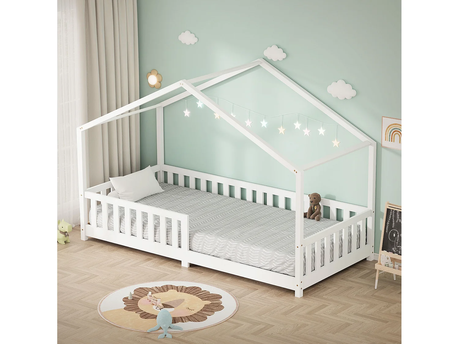 Lit cabane enfant 90x200 cm blanc pin massif avec protection antichute, toit et sommier à lattes, couchage au sol Montessori pour fille garçon