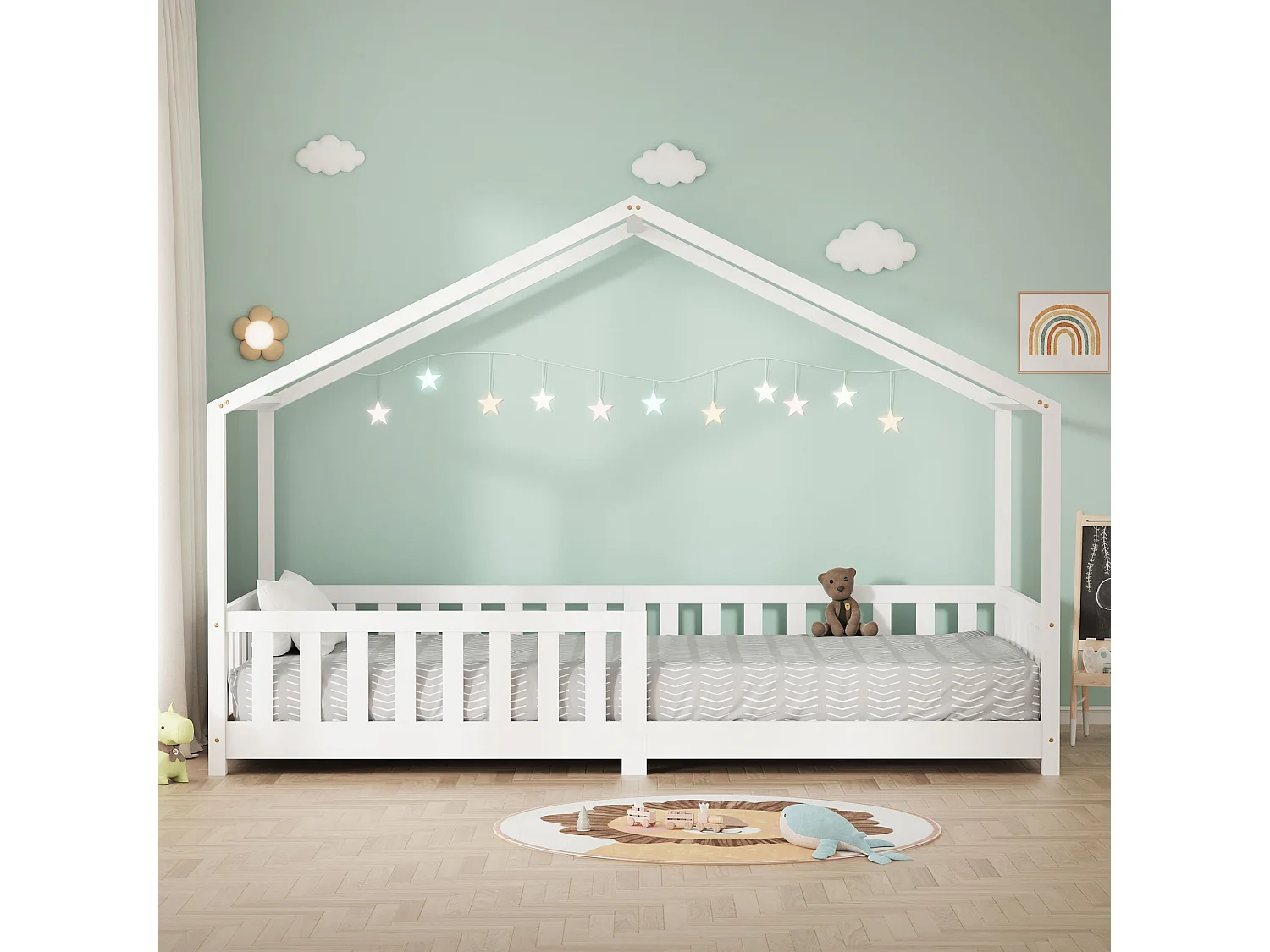 Lit cabane enfant 90x200 cm blanc pin massif avec protection antichute, toit et sommier à lattes, couchage au sol Montessori pour fille garçon