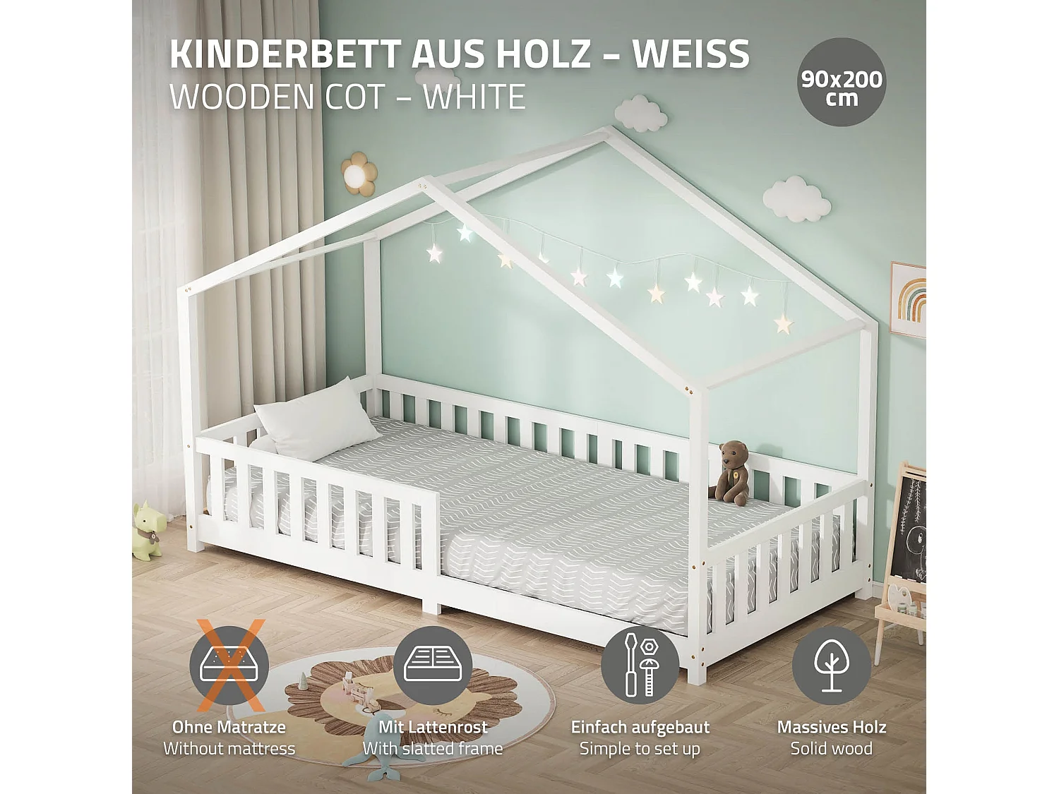 Lit cabane enfant 90x200 cm blanc pin massif avec protection antichute, toit et sommier à lattes, couchage au sol Montessori pour fille garçon