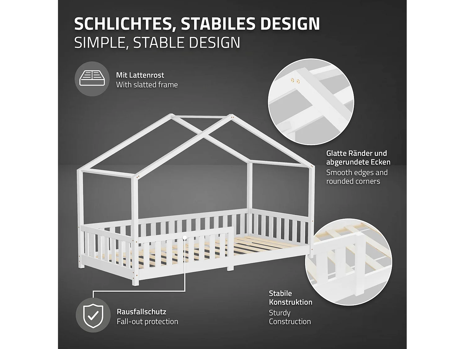 Lit cabane enfant 90x200 cm blanc pin massif avec protection antichute, toit et sommier à lattes, couchage au sol Montessori pour fille garçon