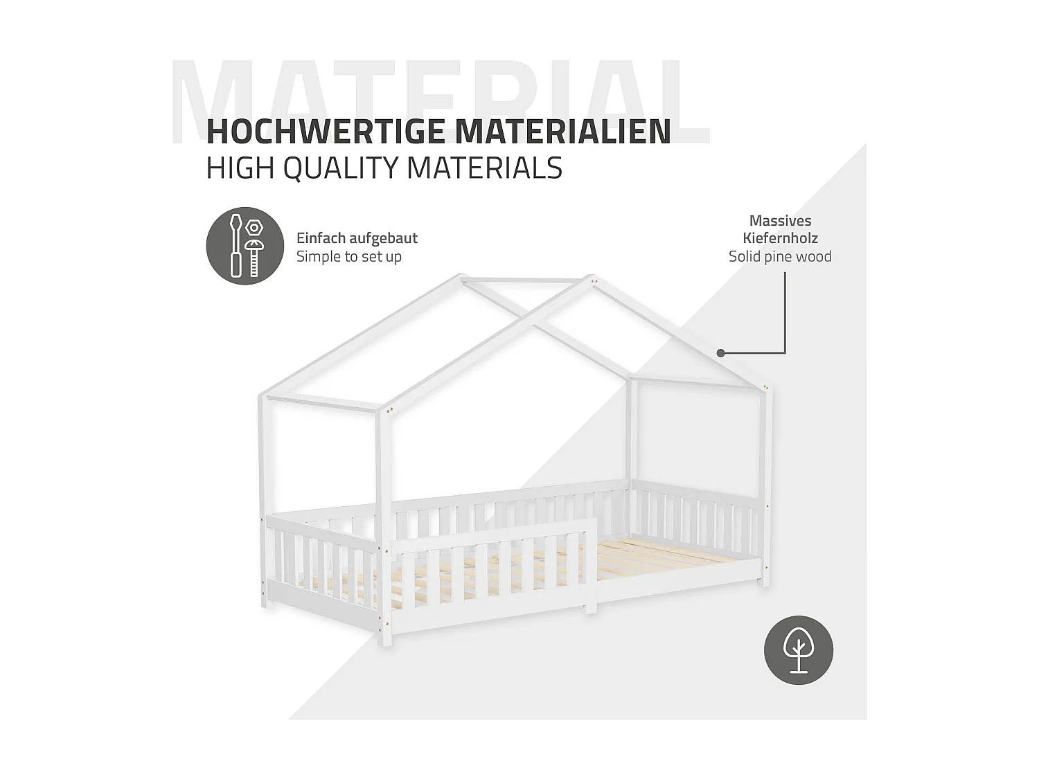 Lit cabane enfant 90x200 cm blanc pin massif avec protection antichute, toit et sommier à lattes, couchage au sol Montessori pour fille garçon