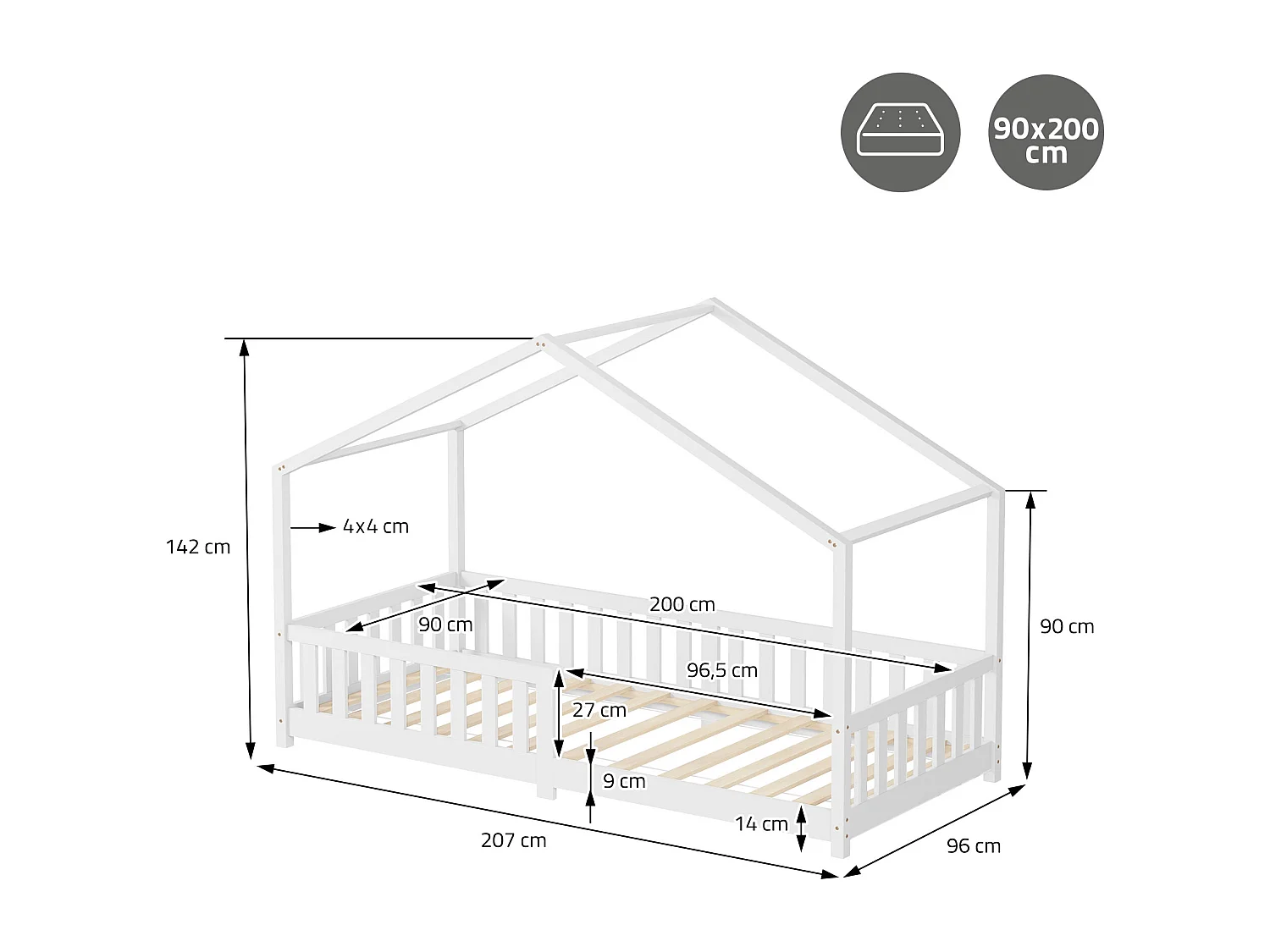 Lit cabane enfant 90x200 cm blanc pin massif avec protection antichute, toit et sommier à lattes, couchage au sol Montessori pour fille garçon