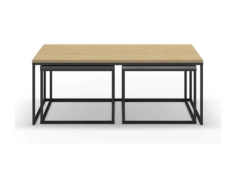 Set de 3 tables basses, tables de salon aspect bois coloris chêne, ciment et métal coloris noir