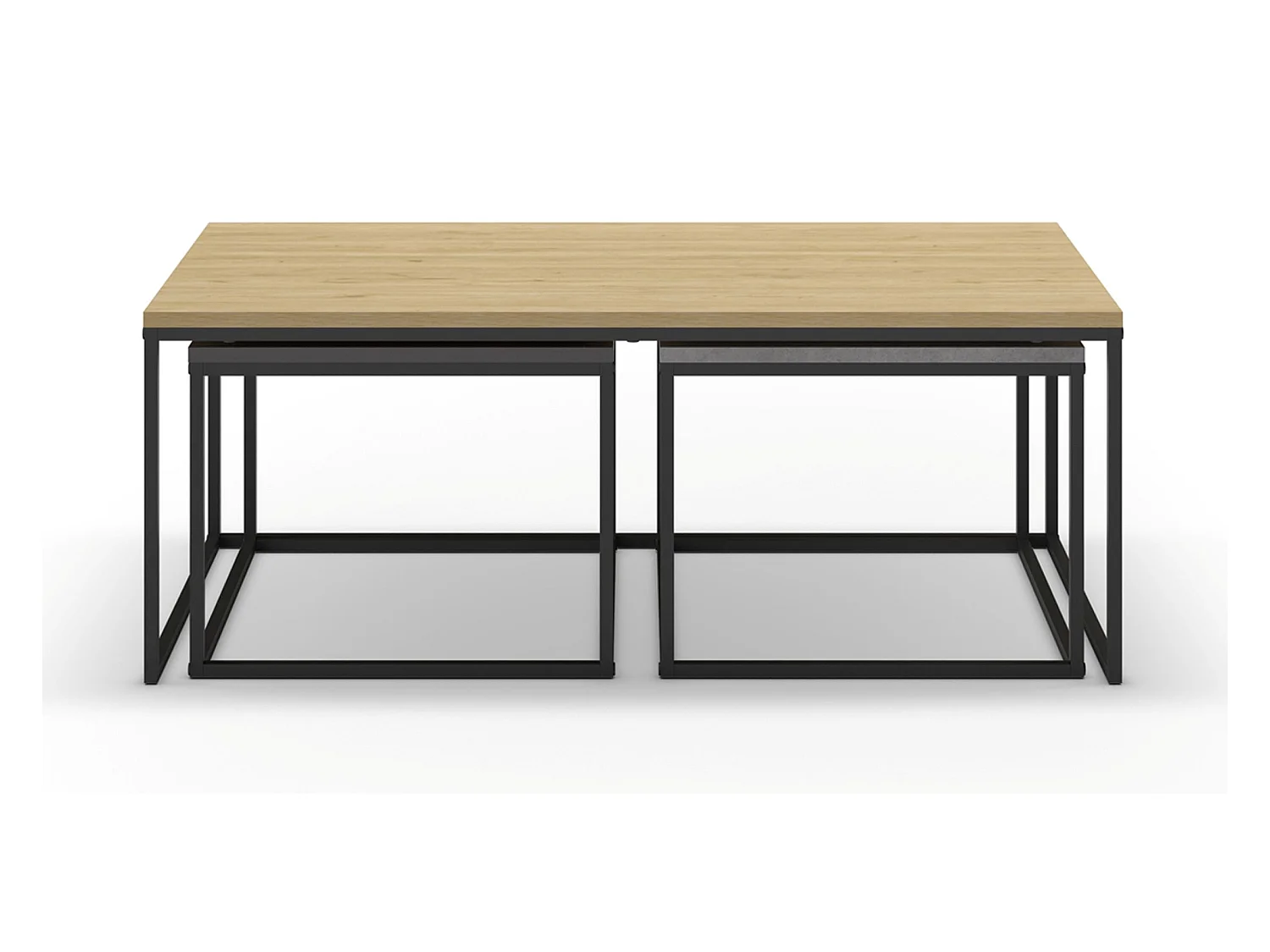 Set de 3 tables basses, tables de salon aspect bois coloris chêne, ciment et métal coloris noir