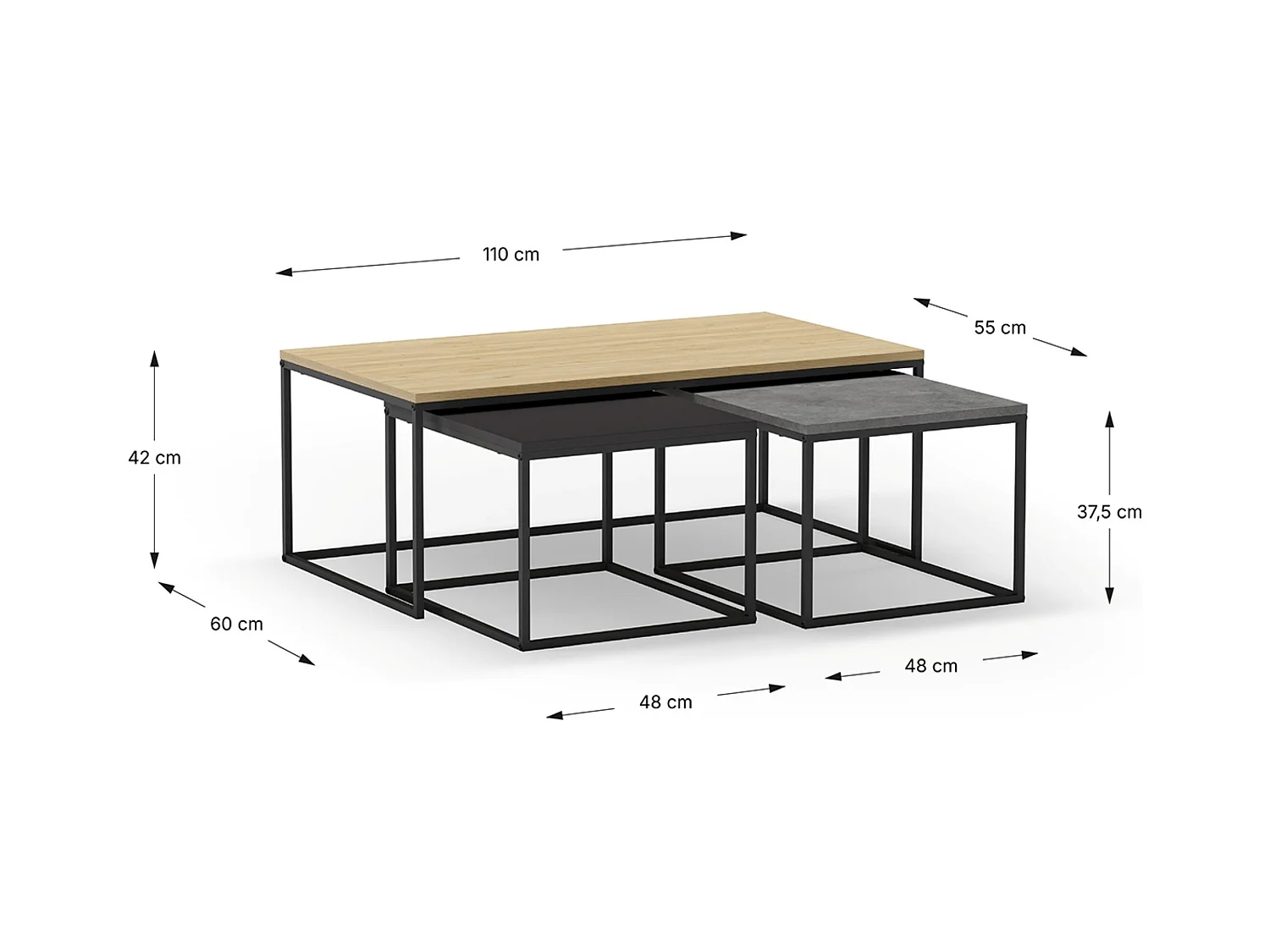 Set de 3 tables basses, tables de salon aspect bois coloris chêne, ciment et métal coloris noir