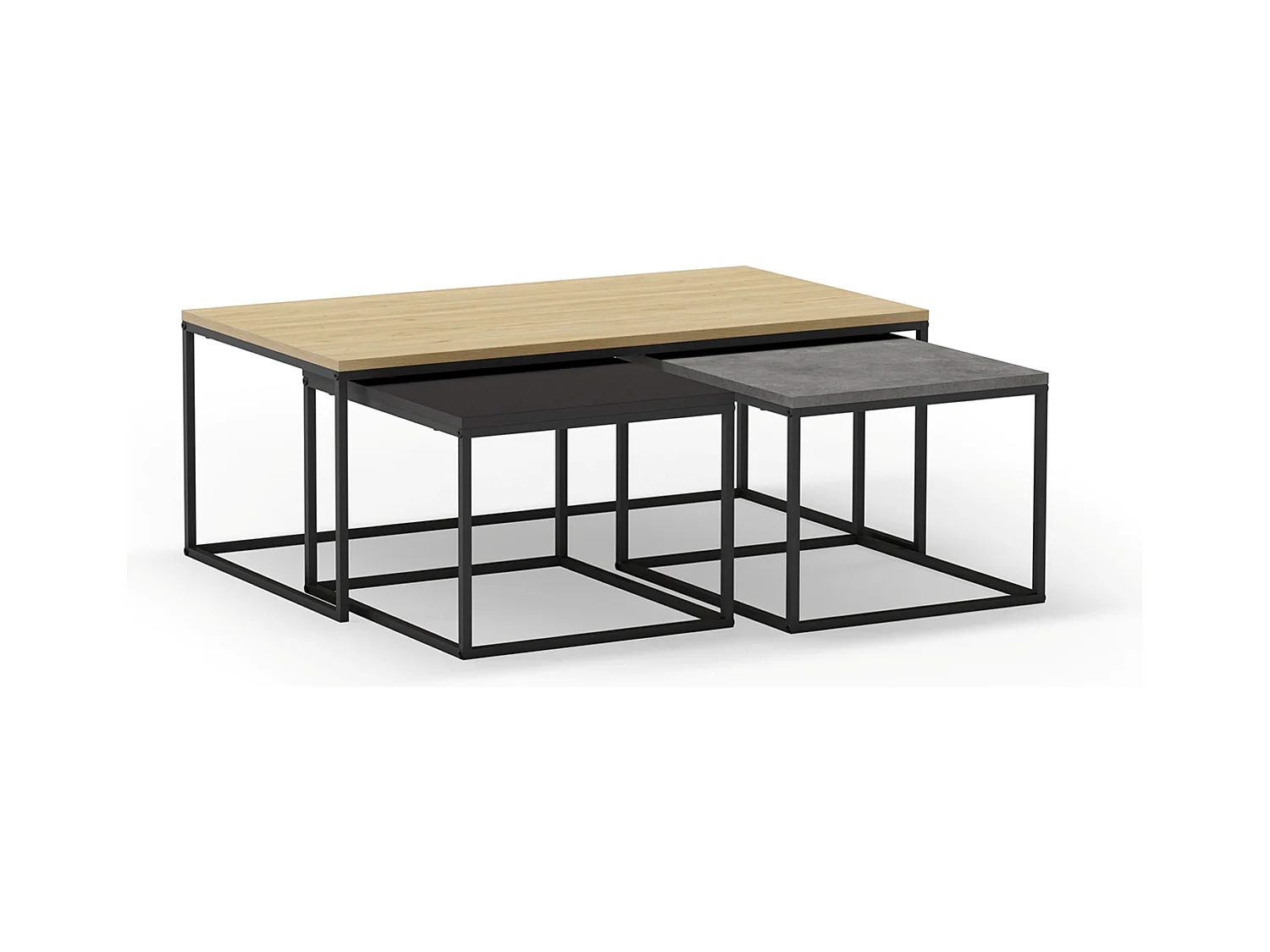 Set de 3 tables basses, tables de salon aspect bois coloris chêne, ciment et métal coloris noir