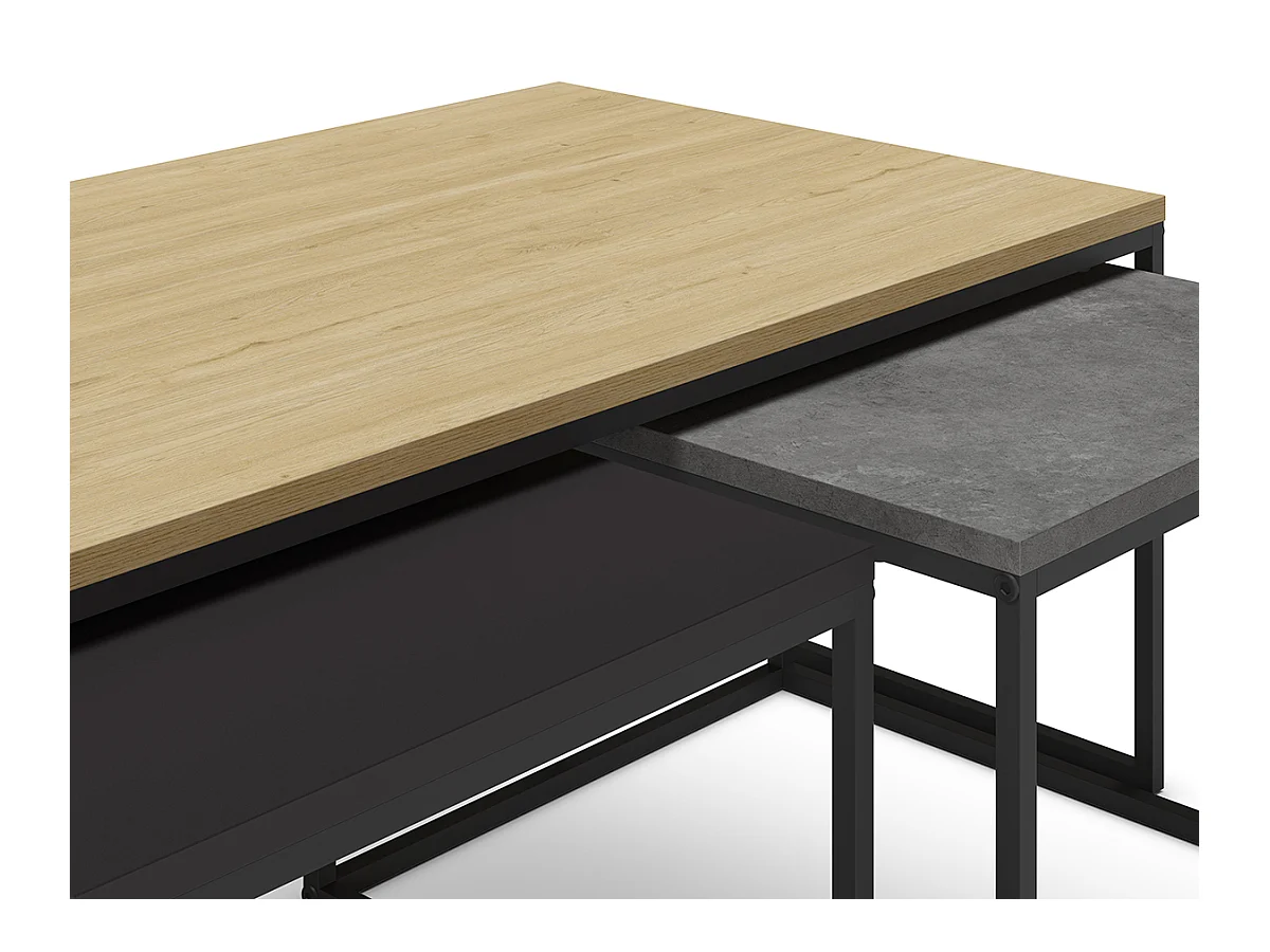 Set de 3 tables basses, tables de salon aspect bois coloris chêne, ciment et métal coloris noir