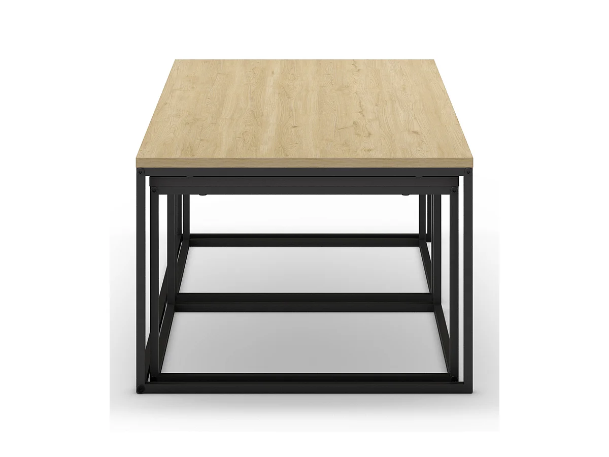 Set de 3 tables basses, tables de salon aspect bois coloris chêne, ciment et métal coloris noir