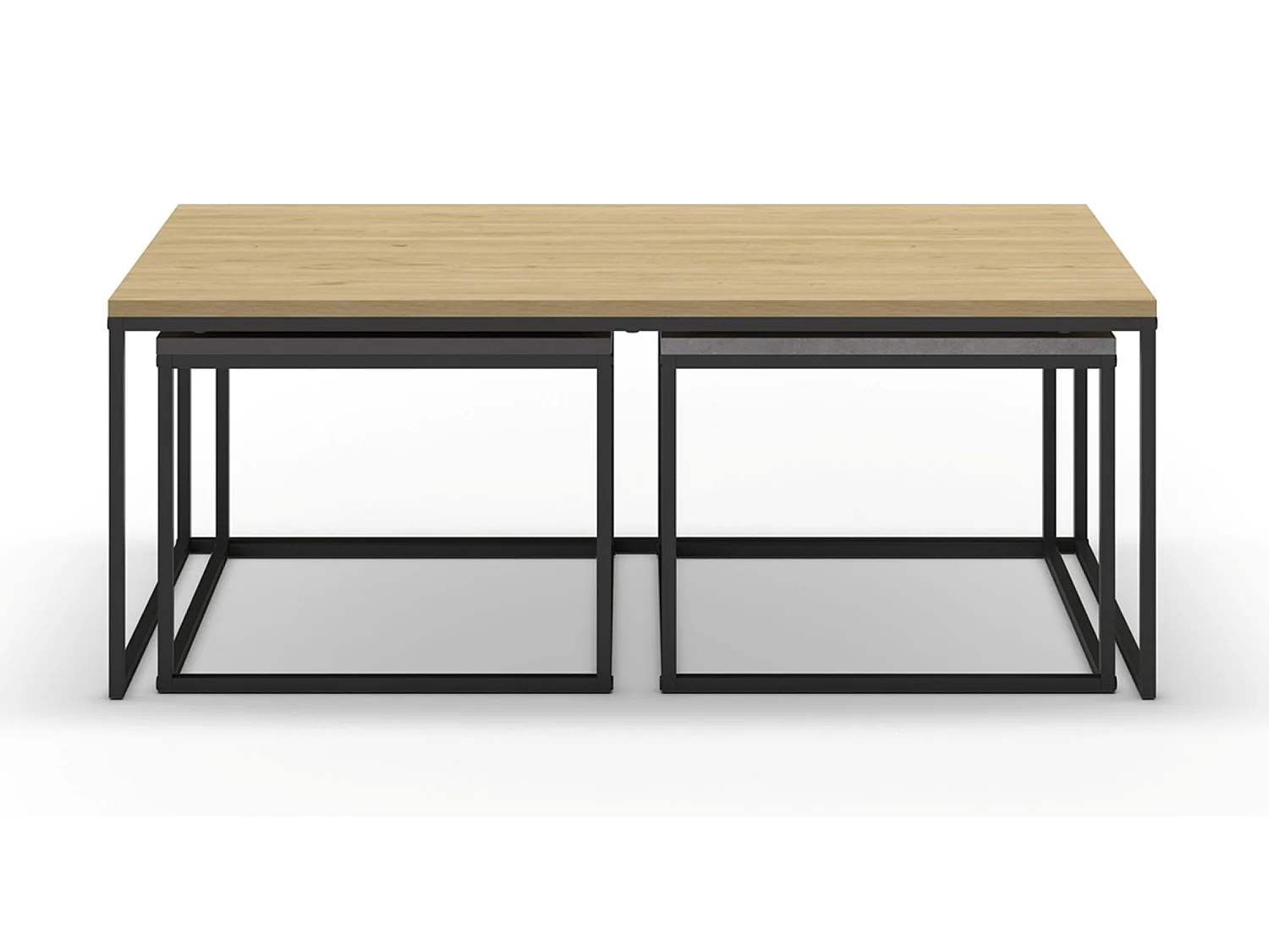 Set de 3 tables basses, tables de salon aspect bois coloris chêne, ciment et métal coloris noir