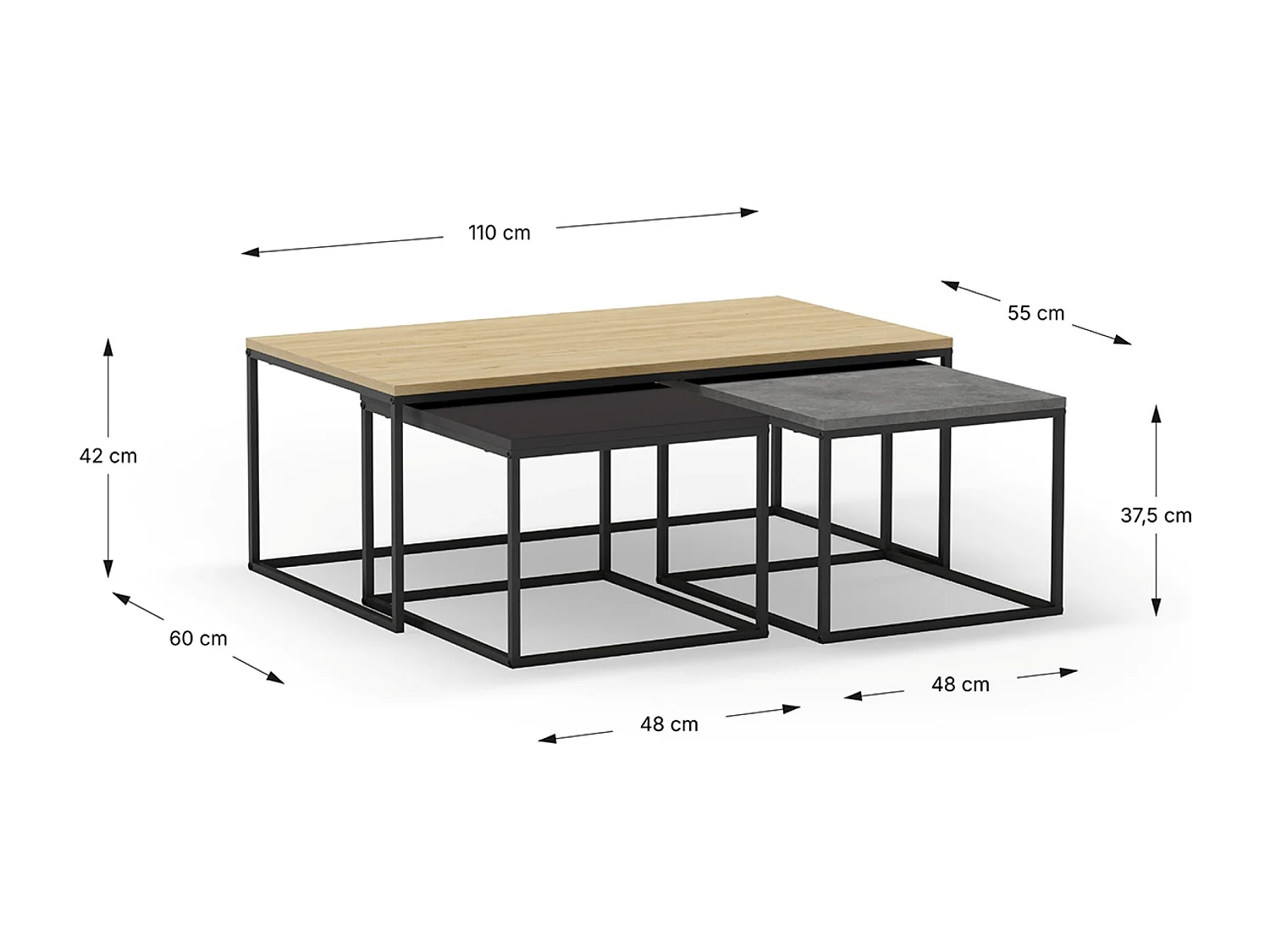 Set de 3 tables basses, tables de salon aspect bois coloris chêne, ciment et métal coloris noir