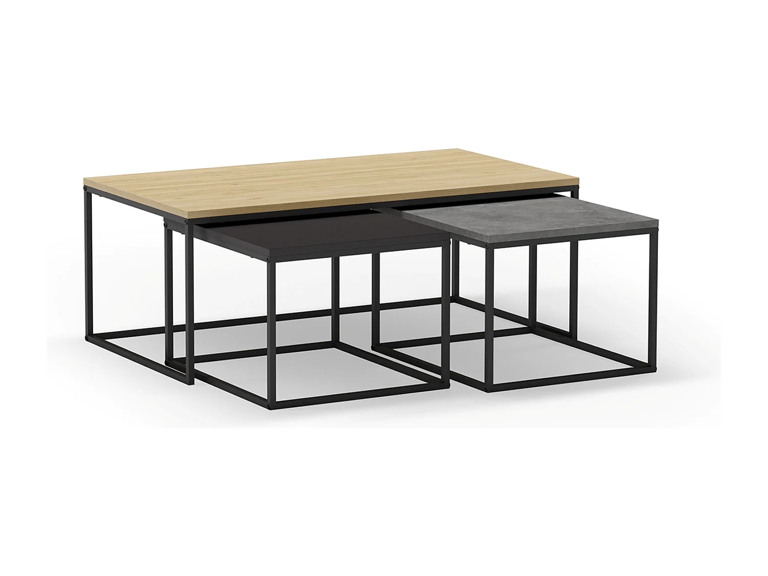 Set de 3 tables basses, tables de salon aspect bois coloris chêne, ciment et métal coloris noir