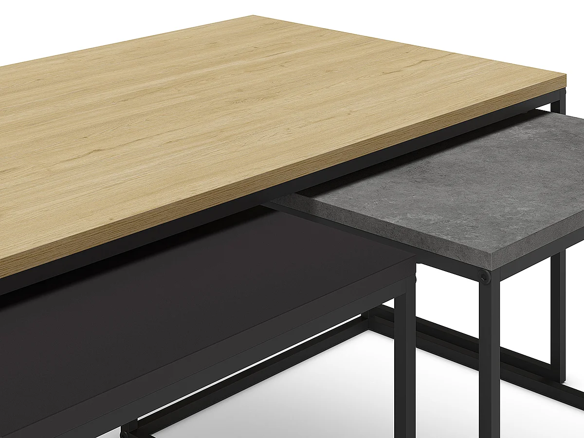 Set de 3 tables basses, tables de salon aspect bois coloris chêne, ciment et métal coloris noir