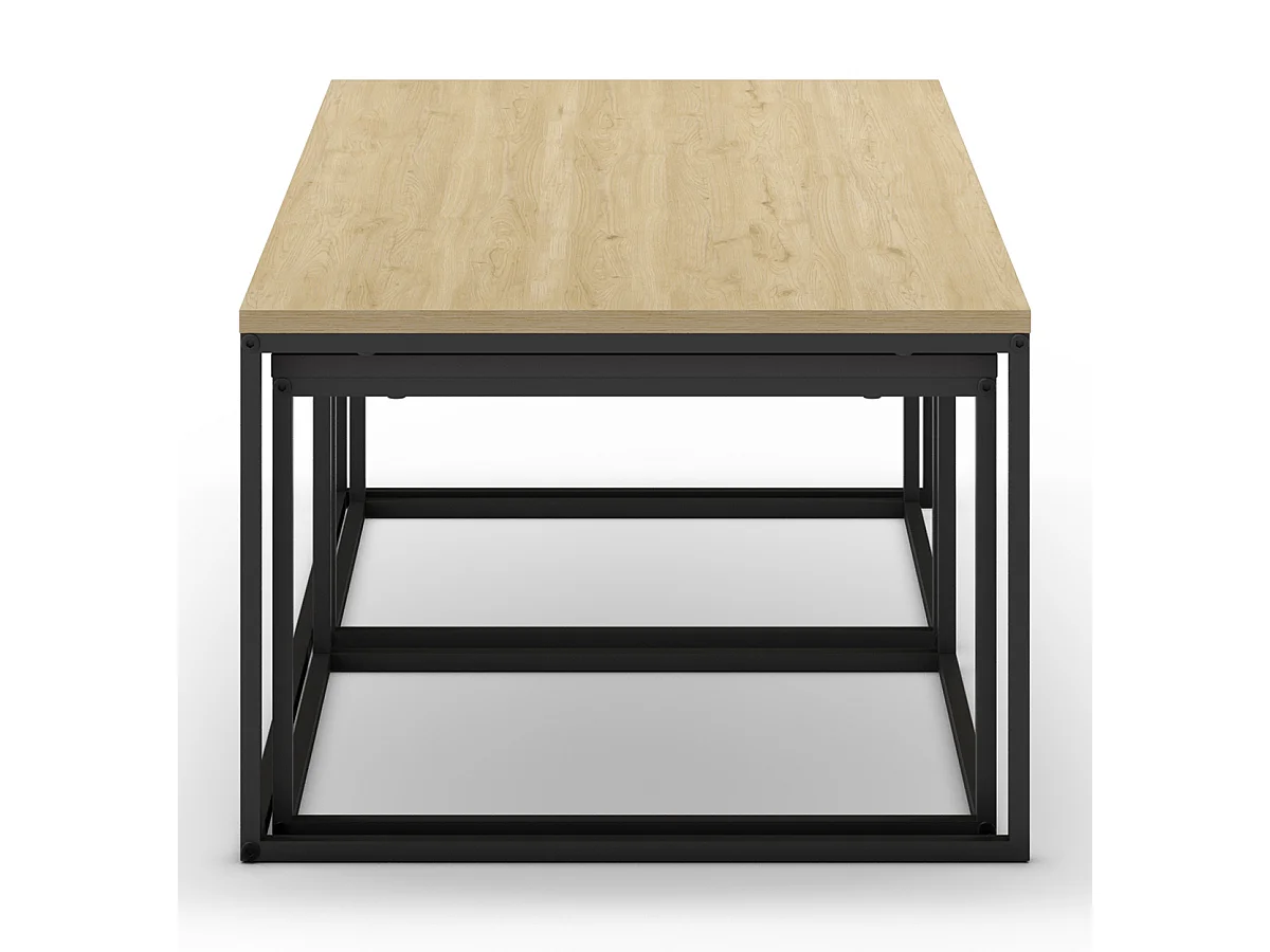 Set de 3 tables basses, tables de salon aspect bois coloris chêne, ciment et métal coloris noir