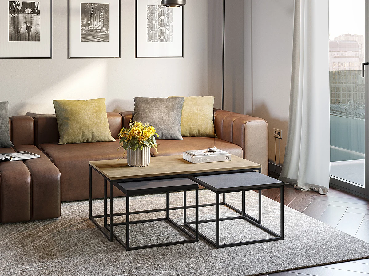 Set de 3 tables basses, tables de salon aspect bois coloris chêne, ciment et métal coloris noir